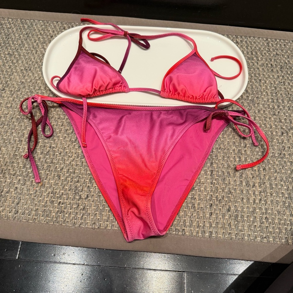 Mango Pink and Red Faded Blended Bikini Set Size L Bottoms and Size S Top